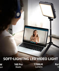Person using Two Pack 8 Inch Dope LED Video Lights with 29 Inch Adjustable Tripods for Zoom call, soft light illuminating face.
