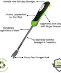 Image of Easy Use Dandelion Weeder Tool with ergonomic handle and stainless steel two prong fork, highlighting features like soft grip and durability.