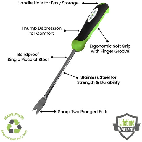 Image of Easy Use Dandelion Weeder Tool with ergonomic handle and stainless steel two prong fork, highlighting features like soft grip and durability.