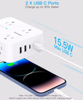 12 In 1 Surge Protector Power Strip With 10 Ft Braided Extension Cord 1080J Surge Protection 8 AC Outlets And 4 USB Charging Ports With 2 USB C Ports Wide 2 Point 2 Inch Spacing To Fit Large Adapters For Home Office And Gaming Setup, white USB-C ports charging phone
