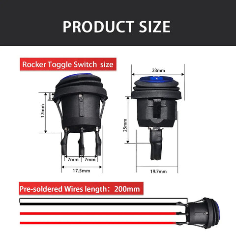 Rugged Waterproof Round Rocker Switch 12V SPST On Off With Blue LED Lighted 3 Pins 20A 25x25x35mm Pre Soldered Wires 200mm For Car Auto Boat Truck Electrical DIY, side view with 23mm width