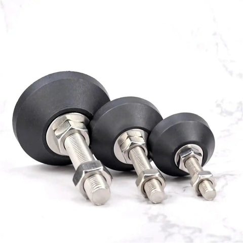 Twelve Pcs Adjustable Threaded Leveling Legs With Swivel Glide Pads For Tables Desks And Chairs To Kick That Pesky Wobble To The Curb For A Rock Solid Setup Everyday showing three sizes of threaded leveling legs.