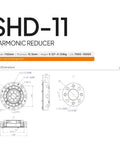 Technical drawing of SHD11 Small Hollow Servo Motor Speed Reducer with 52mm gearbox, showing dimensions and specifications.