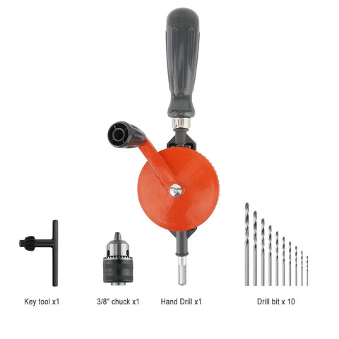 No-Fuss Manual Hand Drill 3/8 Inch Capacity With Precision Cast Steel Chuck, Double Pinions, Bi-Directional Rotation, Ideal For Wood Plastic Acrylic Circuit Boards, Easy Crank Punching Tool Orange