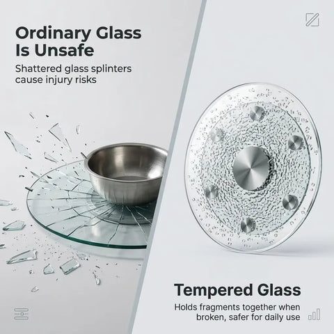 Comparison of ordinary shattered glass with tempered glass used in Tempered Glass Round Lazy Susan Turntable