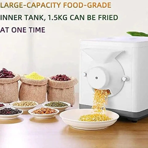 No Hassle Home Coffee Bean Roaster With Precise Temp Control And Even Stir For Deep Flavor Development Perfect For Roasting Nuts Beans And Elevating Your Morning Brew Vibes pouring roasted grains into a white plate.