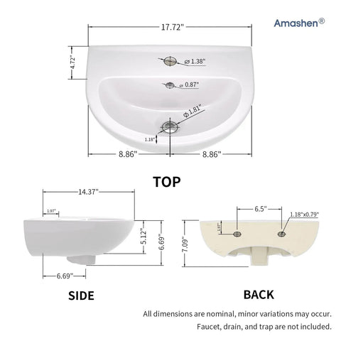 17.72 Inch Wall Mount Corner Sink Ceramic U Shaped With One Hole And Overflow Glossy White Finish detailed measurements