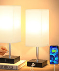 Set Of 2 Bedside Lamps With Dual USB Ports For Fast Phone Charging, Nightstand Table Lamps With White Fabric Shade, Cozy