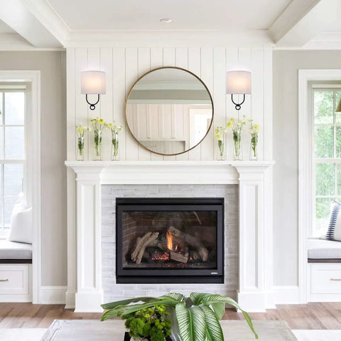 Living room with Modern Wall Sconces With White Fabric Shade Two Pack For Bedroom Hallway Entryway Bathroom Vanity Bedside Lighting Metal Fixture With Curved Design And Open Back Compatibility With LED Incandescent CFL Halogen Up To 40W E12 Bulbs Not Included above fireplace