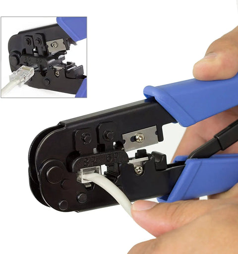 Pro Grade RJ Cable Crimping Tool For 8P And 6P Modular Plugs With Built In Cutter And Stripper, black and blue design in use