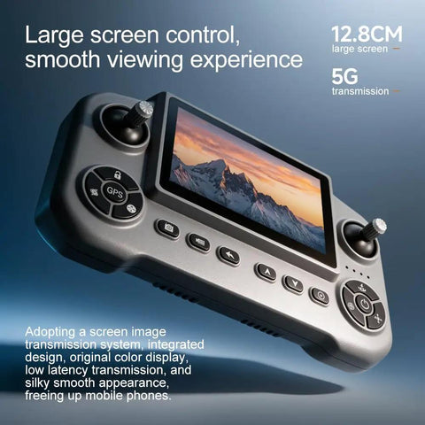 5G screen remote control for Foldable RC Drone With 1080P Triple HD Camera, featuring buttons and large display screen.