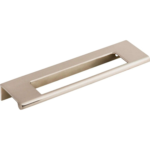 Heavy Duty European Cut Out Finger Pulls 5 Inch Center To Center Handles In Brushed Satin Nickel Finish shown from an angle, sleek design.