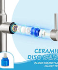 Close-up of ceramic disc valve in kitchen faucets with pull down sprayer and magnetic docking in brushed nickel for bar sinks and RV installations, modern commercial style faucet with stainless steel design and easy high-flow performance.
