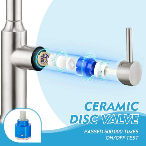 Close-up of ceramic disc valve in kitchen faucets with pull down sprayer and magnetic docking in brushed nickel for bar sinks and RV installations, modern commercial style faucet with stainless steel design and easy high-flow performance.