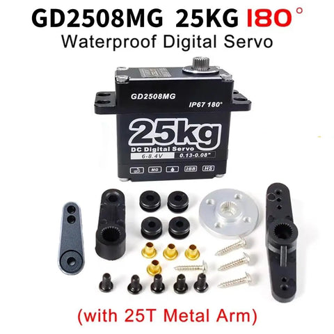 Beefy 25Kg Digital Servo 8.4V With Full Metal Gears IP67 Waterproof 180 Degree Sweep 25T Horn Included components view