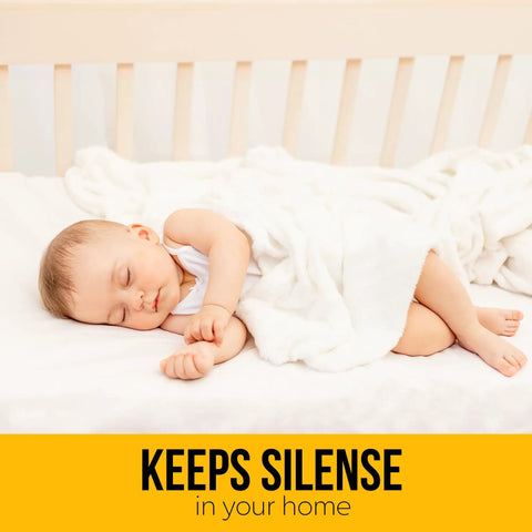 Sleeping baby in crib with text "Keeps Silence in your home" suggesting quiet environment.
