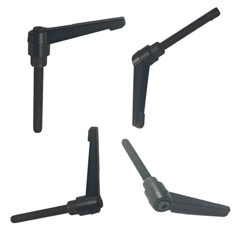 Pro Grade M8 X 40mm Adjustable Clamping Lever Handle 3 Pack With Quick Grab Push Button Release Ratchet Knob And Sturdy Male Threaded Studs Hefty Aluminum Workshop Tool Clamp Black in various angles showing black aluminum handles.
