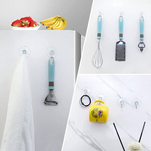Three Size Suction Cup Hooks Set For Shower Glass And Walls With Mega Strong Hold Up To Seven Pounds displayed on smooth surfaces