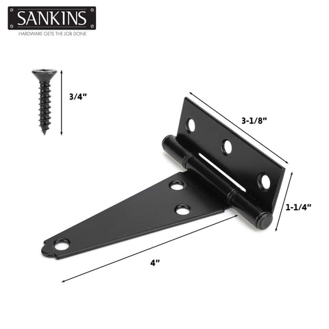 Heavy Duty 4 Inch T Strap Shed Door Hinges Black Powder Coated Outdoor Gate Hinges with dimensions and screw
