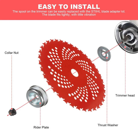 Installation diagram of 9 Inch 36 Tooth Carbide Tipped Brush Cutter Blade For Trimmers And Weed Eater With Universal Adapter Kit