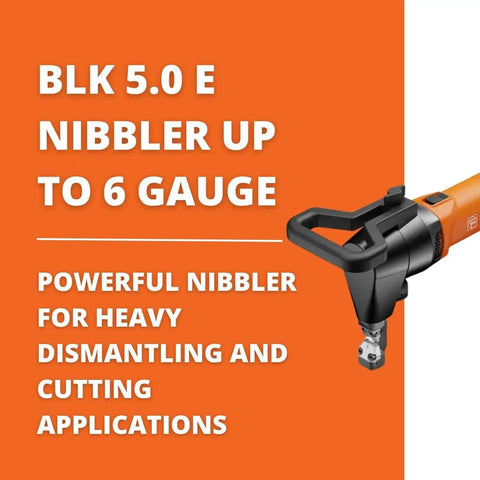 Close-up of BLK 5.0 E Corded Metal Nibbler For Pros Cuts Up To 6 Gauge On Sheets Profiles Trapezoid And Corrugated Metal