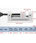 Get This Rock Solid Accuracy Toolmakers Vise For Your Milling Machine showing dimensions and specifications for 1 inch jaw size.