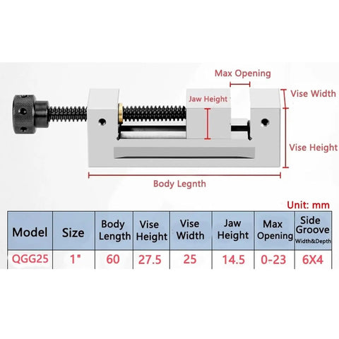 Get This Rock Solid Accuracy Toolmakers Vise For Your Milling Machine showing dimensions and specifications for 1 inch jaw size.