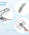 Versatile Dope Miter Shears With Spare Blades For Precise Angle Cuts in wire channel, trim, plastic, and wood, shown with details of cutting angles and blade