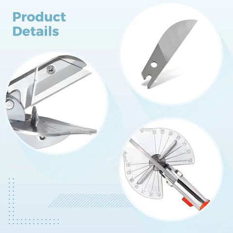 Versatile Dope Miter Shears With Spare Blades For Precise Angle Cuts in wire channel, trim, plastic, and wood, shown with details of cutting angles and blade