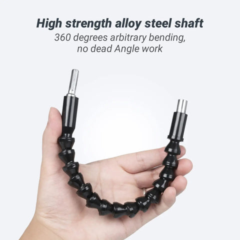 Hand holding Flexible Drill Bit Extension with Magnetic Hex Shaft for Tight Spots, bendable and high-strength alloy steel.