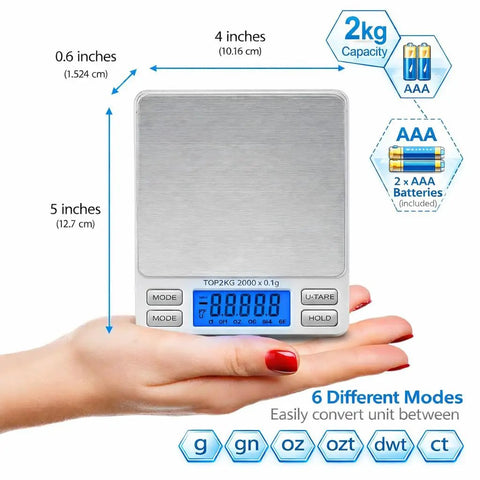 On The Go Pocket Scale With 2000g Capacity And 0.1g Precision, 6 Weighing Units G Oz Ct Ozt Dwt Gn, LCD Display, handheld view.