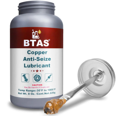 Front view of BTAS Copper Anti-Seize Lubricant bottle, 8 oz, high-temperature copper grease for spark plug bolts