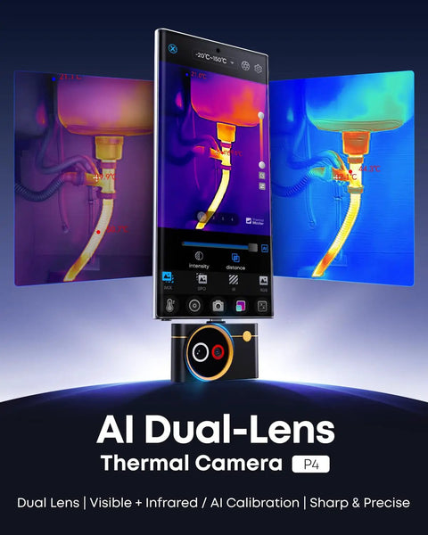 Dual Lens Android Thermal Camera With IR Eraser, 512x384 Sensor, 0.035 C Sensitivity, 15x Digital Zoom, -4 F To 1112 F Range, See Heat And Details In One Shot, Great For Pets And Home Inspections - front view with thermal display.