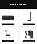 BT30D Bluetooth 5.0 2.1 Channel Stereo Receiver Amplifier box contents including amplifier, antenna, user manual, and power adapter.