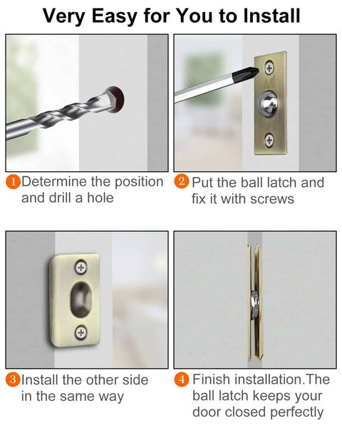 Installation steps for 2 Pack Ball Catch Door Hardware For Top Of French Doors Adjustable Drive In Ball Latch Invisible Pantry Door Solution Bronze Finish Heavy Duty Stainless Steel Build Keeps Doors Quiet Closed And Secure