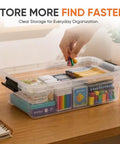 Clear Plastic Storage Bins With Snap On Lids For Home Office Organization Stackable Crates BPA Free Non Toxic Craft And Tool Organizer 13.7 Quart 12 Pack showing colorful craft supplies neatly organized.