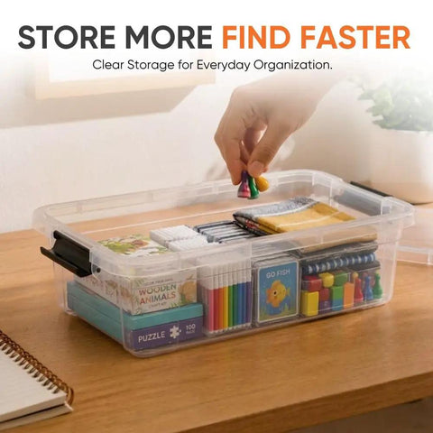 Clear Plastic Storage Bins With Snap On Lids For Home Office Organization Stackable Crates BPA Free Non Toxic Craft And Tool Organizer 13.7 Quart 12 Pack showing colorful craft supplies neatly organized.