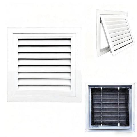 Front view of 8x8 inch white aluminum louvered access panel for walls/ceilings