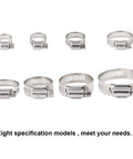 Front view of eight 304 stainless steel worm-gear hose clamps, adjustable 8–44 mm, eight-piece assortment kit