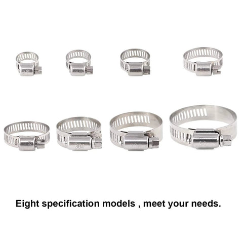 Front view of eight 304 stainless steel worm-gear hose clamps, adjustable 8–44 mm, eight-piece assortment kit