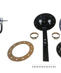 Badass Universal Fuel Pump Hanger Kit Featuring Black Anodized Aluminum Build, 12 Bolt Round Flange, Eight AN Ports, Plus Complete Gaskets And Hardware For A Dead Simple Drop In Installation with mounting bracket and hardware