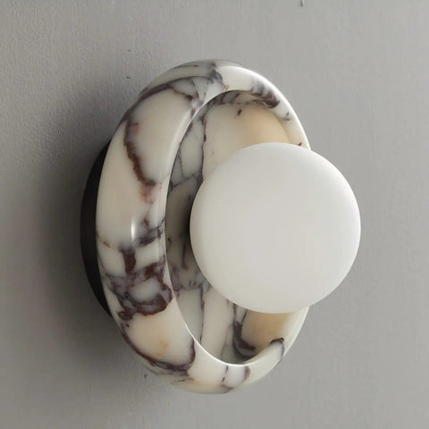 Alabaster Wall Sconce, 7.5" Natural Marble Wall Lamp with Milk Glass Shade, round stone design on wall.