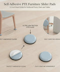Diagram of No-Slip PTFE Furniture Sliders with Adhesive Backing, 0.63 Inch Round Glide Pads on hardwood floor with chair.