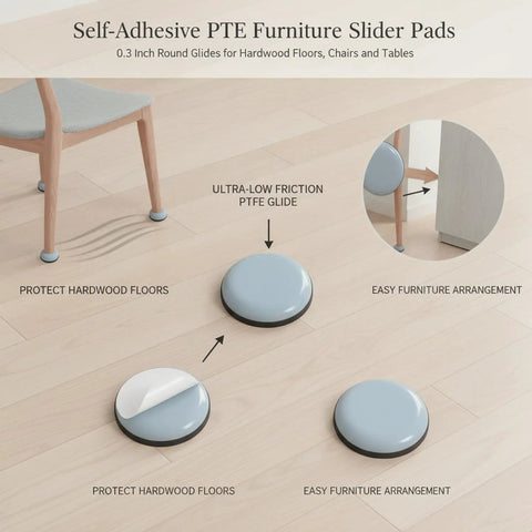 Diagram of No-Slip PTFE Furniture Sliders with Adhesive Backing, 0.63 Inch Round Glide Pads on hardwood floor with chair.