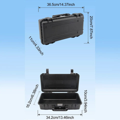 Rugged Portable Storage Case For Tools And Gear, Waterproof And Shockproof Organizer Box with measurements and open view