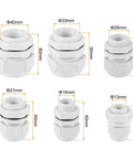 60 Piece Nylon Cable Gland Kit With One Quarter Inch, Three Eighth Inch, One Half Inch, Three Quarters Inch, One Inch, And One And A Quarter Inch Cable Connectors In Grey For Durable Electrical Sealing And Easy Assembly, shown with six sizes displayed.