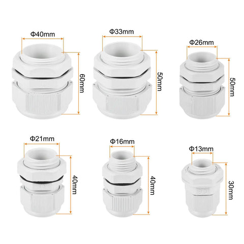 50 Pcs Cable Gland Kit With 1/4 In To 1-1/4 In Size Connectors Nylon Grey Durable Seals For Electrical Panels Waterproof Cable Entry Strain Relief For Wiring Projects Easy Install And Reliable Protection DIY Friendly, different size nylon cable glands.