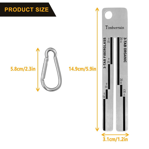 Easy To Use No Brainer Roof Shingle Gauge With Carabiner showing size dimensions for 3-Tab Fiberglass and Organic shingles.