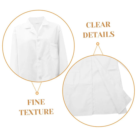 White Mens Lab Coat Doctor Costume, Long Sleeve Medical Uniform showing fine texture and clear stitches with pocket details