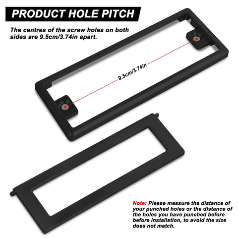 Diagram showing the hole pitch for Two Pack Black Square Recessed Flush Door Pulls For Cabinets And Drawers, 9.5cm spacing in zinc alloy.